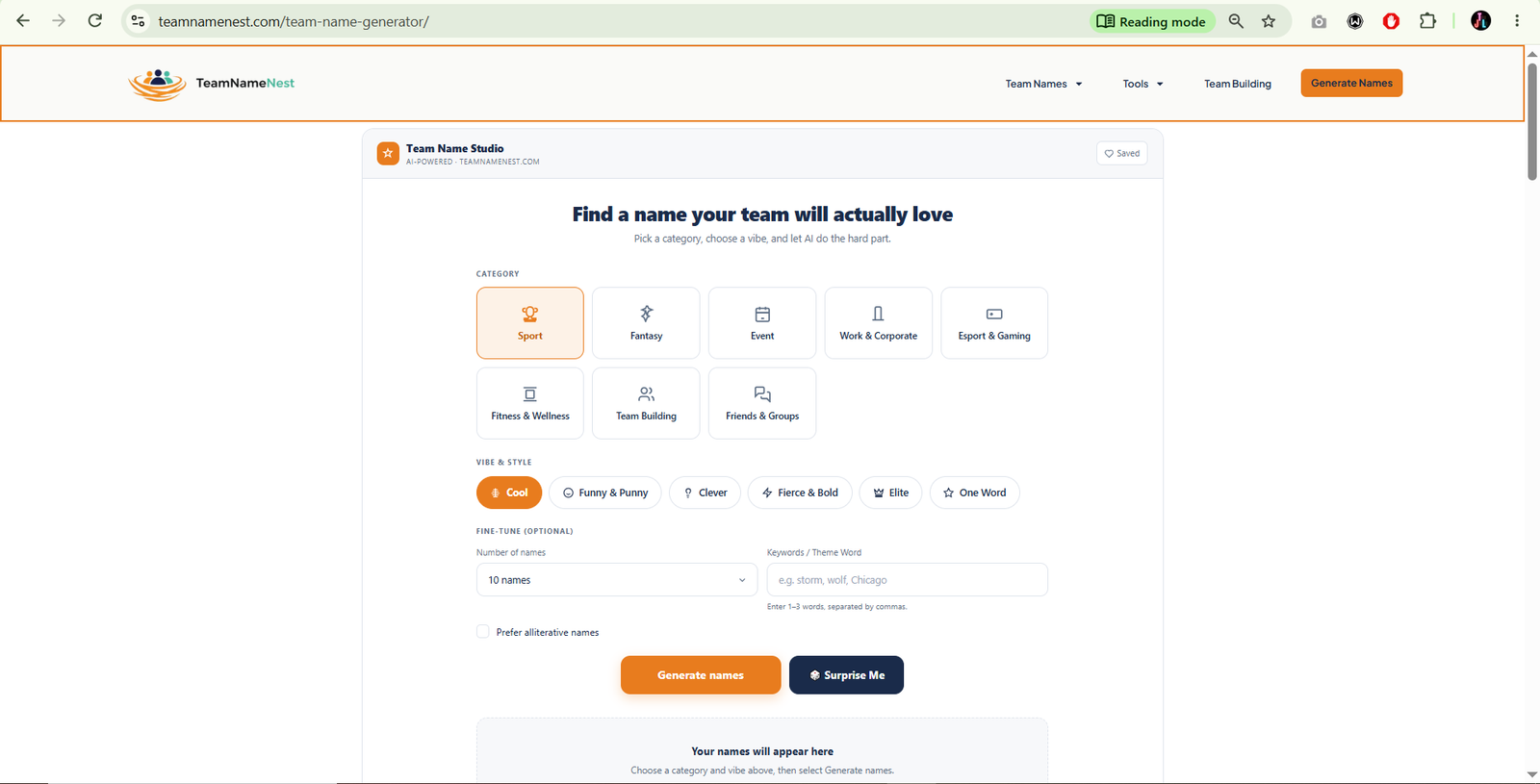 TeamNameNest — WordPress Website & Custom Name Generator